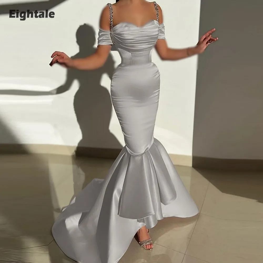 

Eightale Arabic Evening Dress Spaghetti Strap Beaded Customized Floor Length Satin Mermaid Silver Prom Wedding Party Gowns