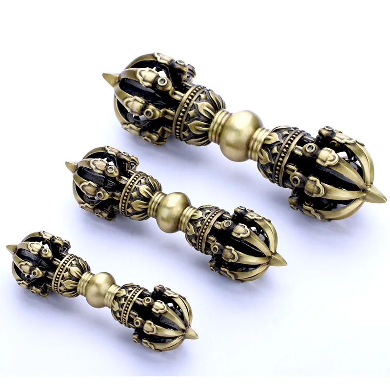 Brass Buddhist Ritual Handcrafted Five and Nine Prong Vajra Handle for Ceremonial Use, Devotional Accent for Prayer Rooms