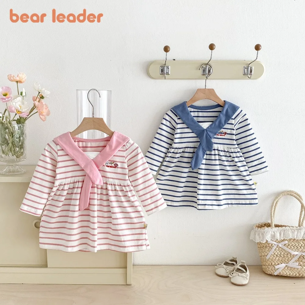

Bear Leader Cute Baby Clothing Autumn Korean Version Striped Printed Long Sleeved Girls Dresses Navy Collar Children's Clothing