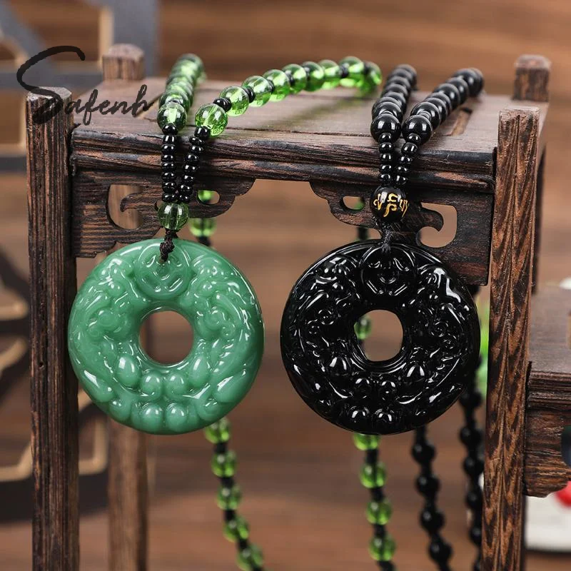 Green Glass Stone Hand-Carved Pendant Necklace Fashion Chinese Style Jewelry for Women Men Wedding Guest Wear