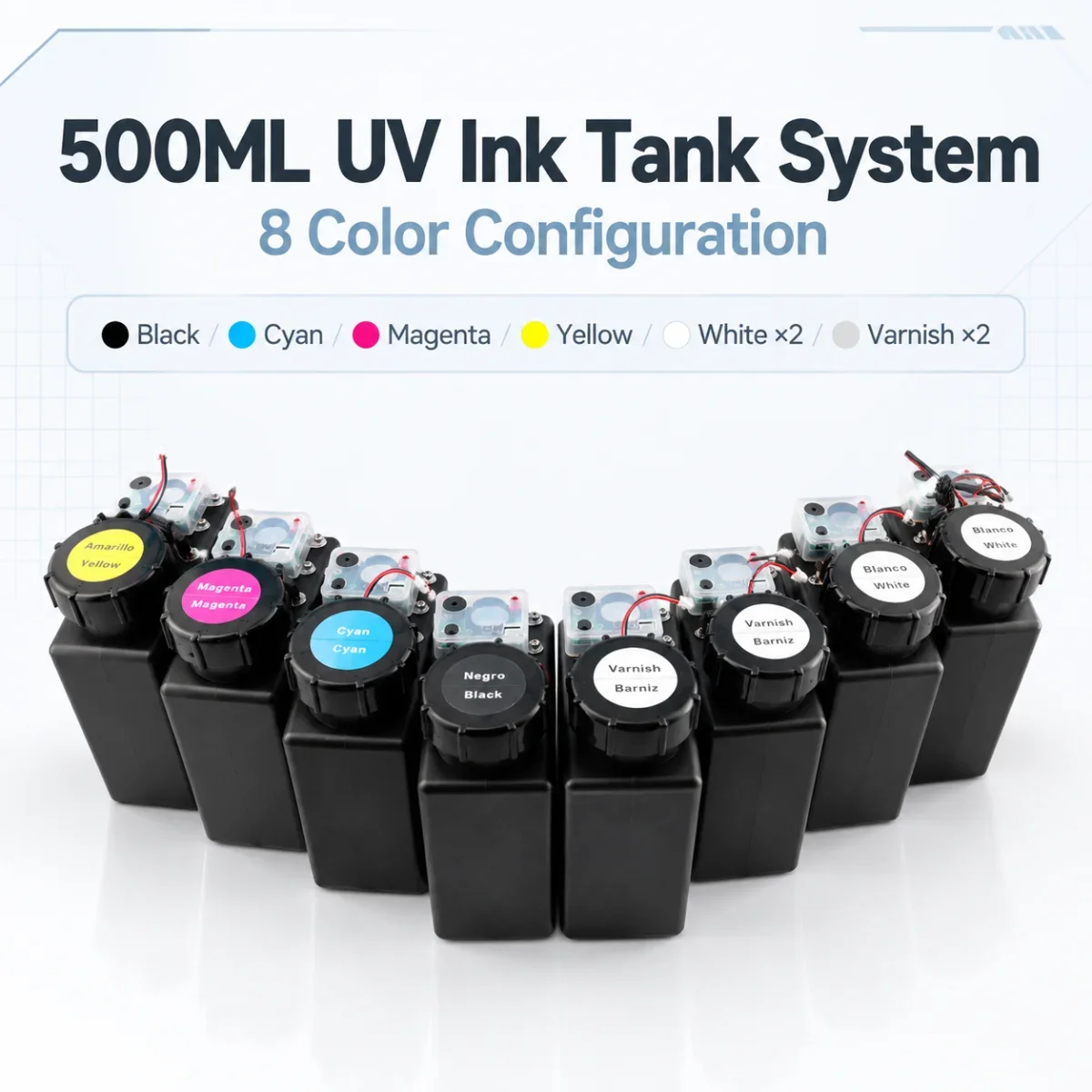 500ML 8 Colors UV Ink Tank CISS Bulk Ink System with Filter Stirrer Ink Level Alarm Air Filter for UV Flatbed Printers