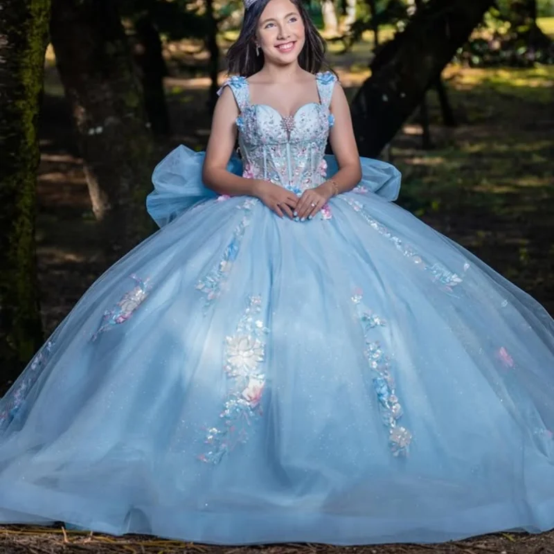 

Небесно-голубое платье Quinceanera с открытыми плечами и бусинами, кружевное многослойное блестящее 3D цветочное наклейка, платья de 15, Quinceanera ﻿ Индивидуальный