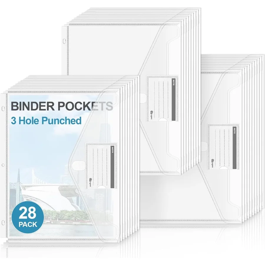 

3 Ring Binder Pocket28 Pack Heavyweight Plastic Folder with Hook and Loop Closure Letter Size clear Poly Envelope with Pockets