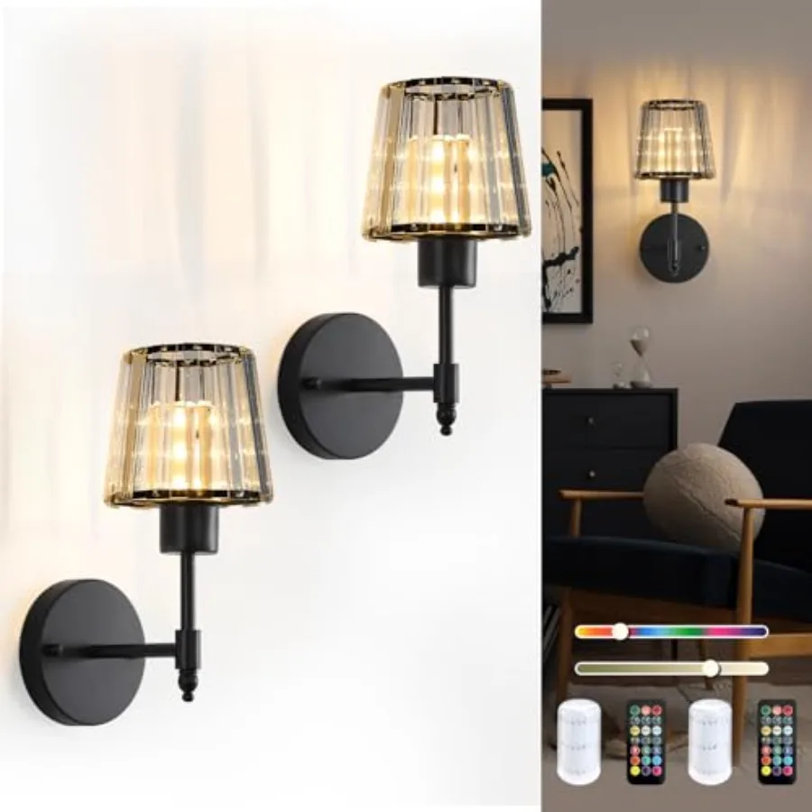 

Crystal Battery Operated Wall Sconces Set of 2, Rechargeable Wireless Wall Lights with Remote, 13 Colors and RGB Dimmable, Auto
