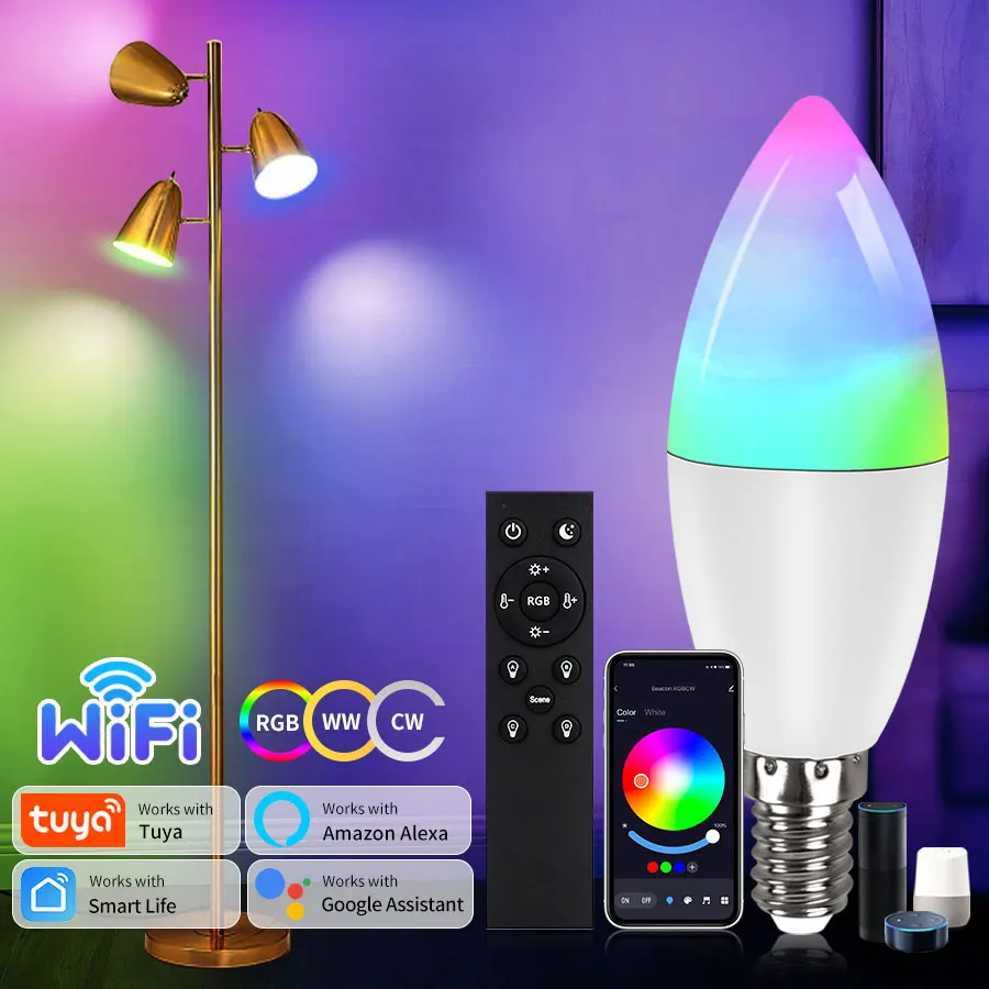 

AC 220V Tuya Smart WiFi LED Bulb E14 Candel Light 9W Dimmable RGB Lamp with Remote Control Alexa Google Home Voice Control