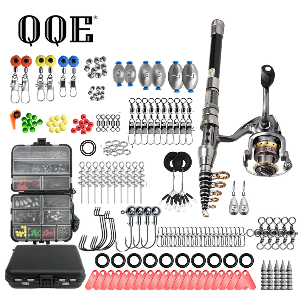 QQE 1.8M Portable Carbon Telescopic Fishing Rod Spinning Reel Combo Hard Carry Box Full Tackle Kit for Outdoor Angler Fishing