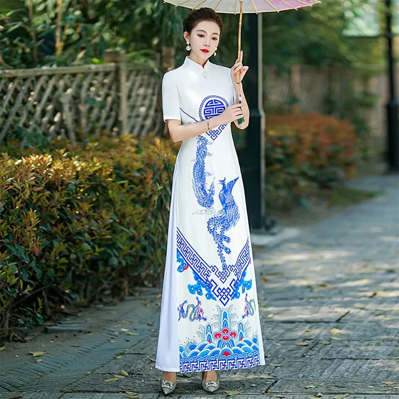 Ao Dai Qipao Cheongsam pour femmes, robes de cérémonie de soirée de style chinois, olympiques de scène de danse paon, modèle de spectacle élégant