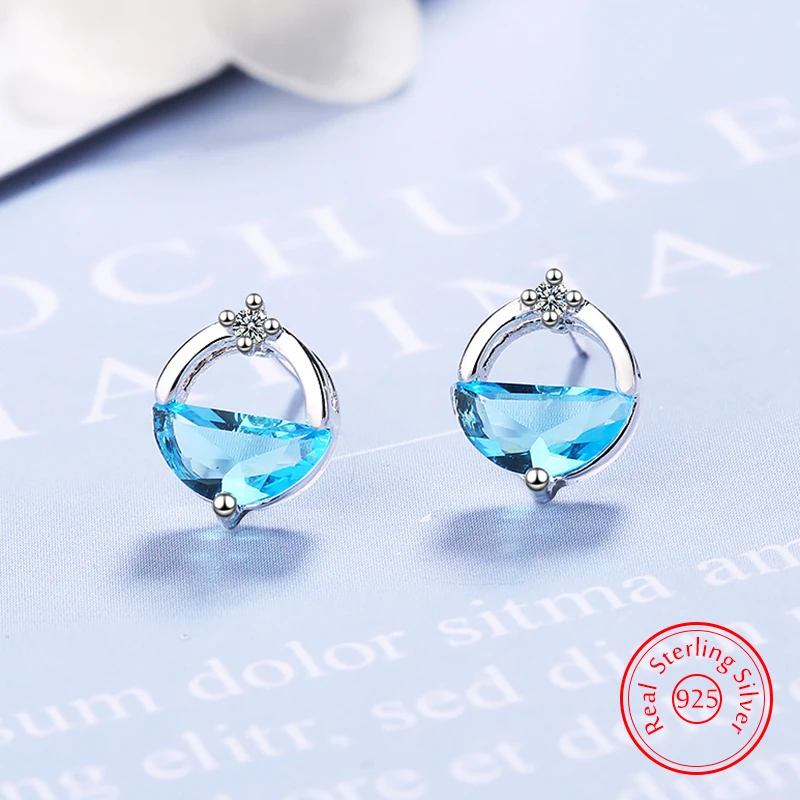 

New Original Lady's 925 Sterling Silver Crystal Round Stud Earrings Fashion FQL25144