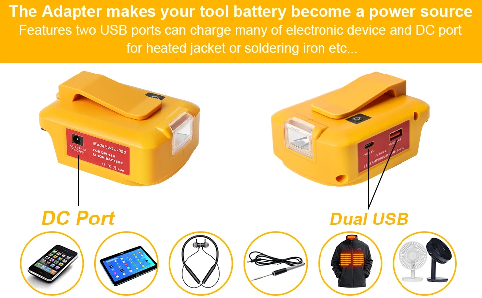 Imagem -06 - Carregador Rápido de Lanterna para Bateria Dewalt Adaptador para Dewalt Dcb 18v 20v 54v 60v 12v 3a pd 22.5w Qc3.0 Usb c e Usba