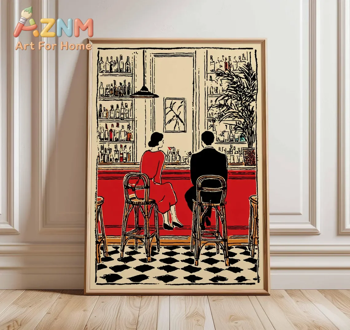 Romantic Bar Scene Art Print, Vintage Couple Poster, Retro Cocktail Bar Wall Art, Modern Line Illustration, Unframed Home Decor