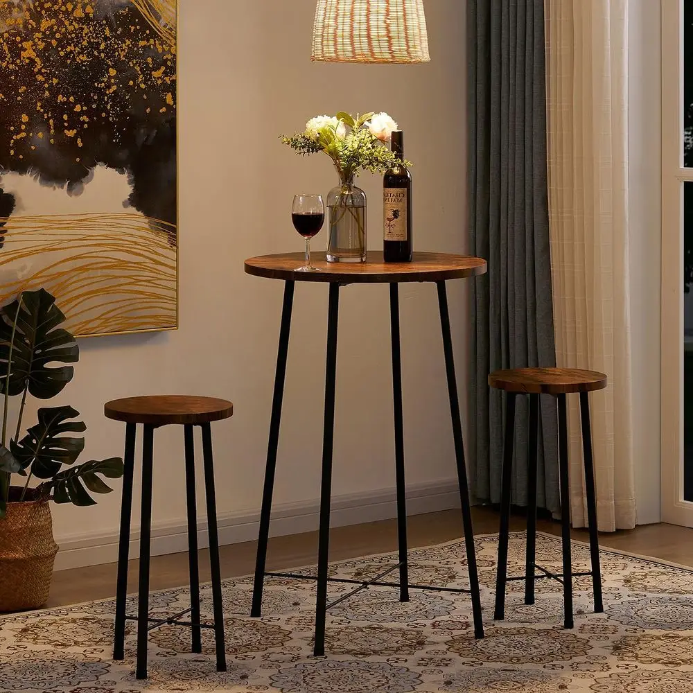 Small Bar Table and Chairs, Round Bistro Sets with 2 barstools, 3-Piece Pub Dining Furniture, Counter Height Wood Top for Breakf