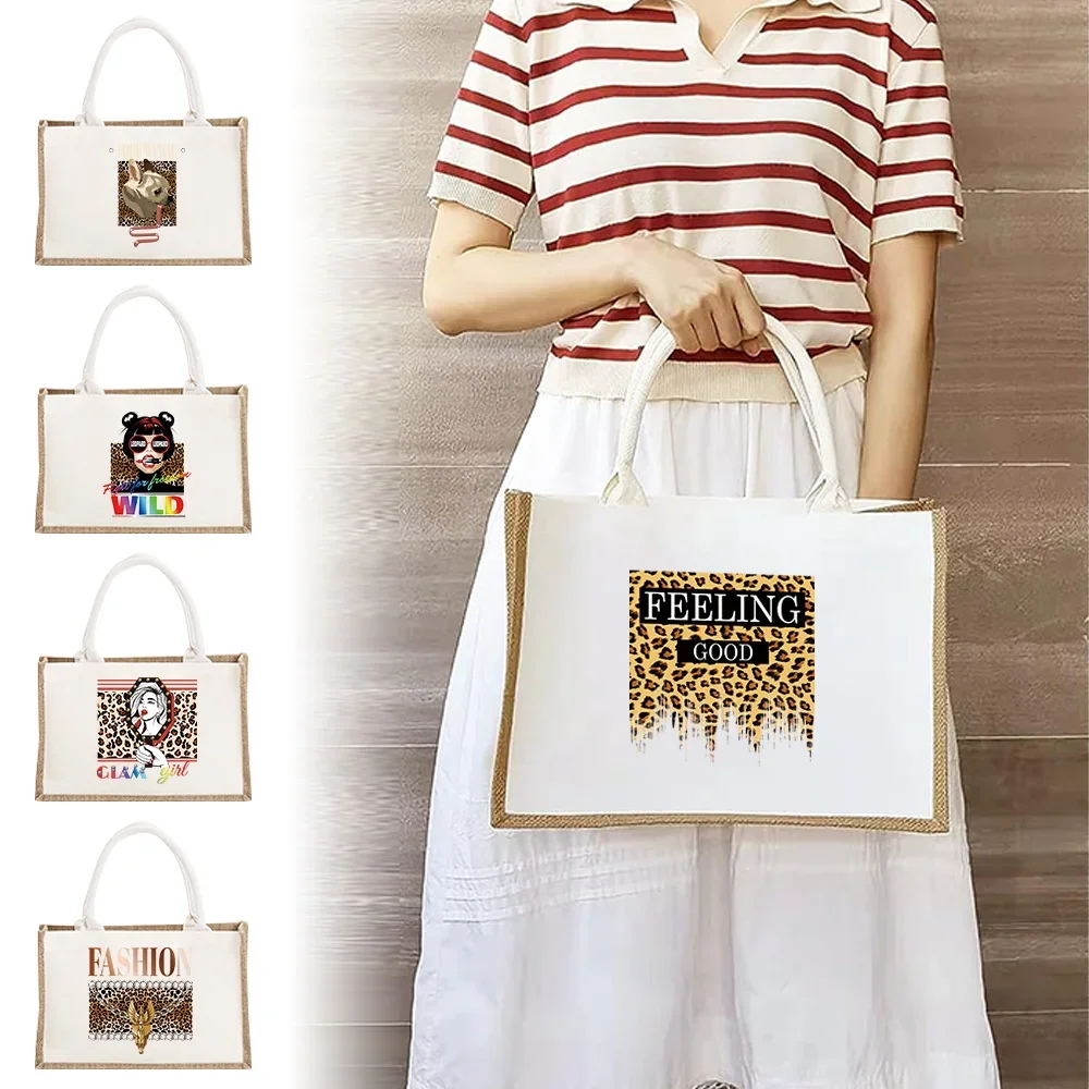 

Tote Bag Woman Shopper Eco Bags Leopard Pattern Series Burlap Bags Personalized Bridal Party Gifts Sundries Jute Storage Bag