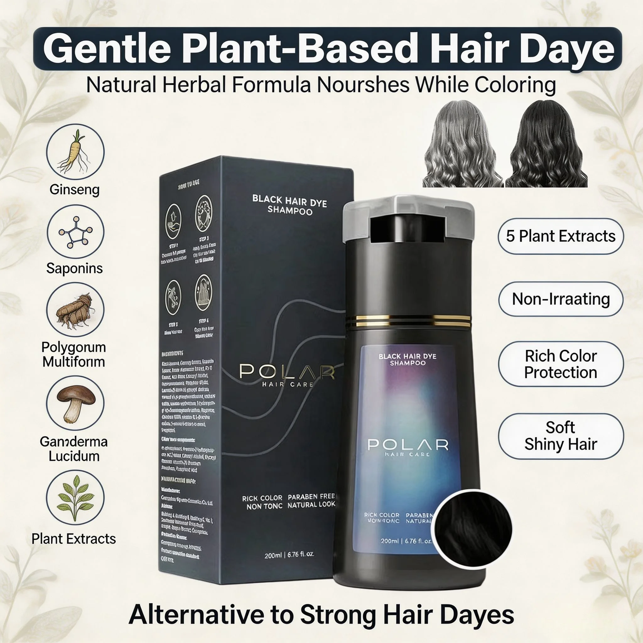 POLAR Semi Permanent Hair Dye Shampoo 200ml Gray Hair Coverage Black Brown Purple Natural Nourish Long Lasting for Women Men