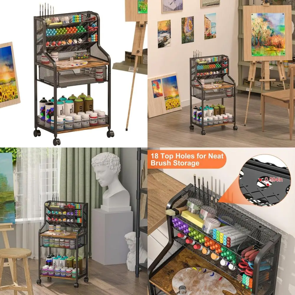 

6-Tier Metal Art Storage Cart with Lockable Wheels, Drawers, and Removable Dividers for Studio and Artifacts
