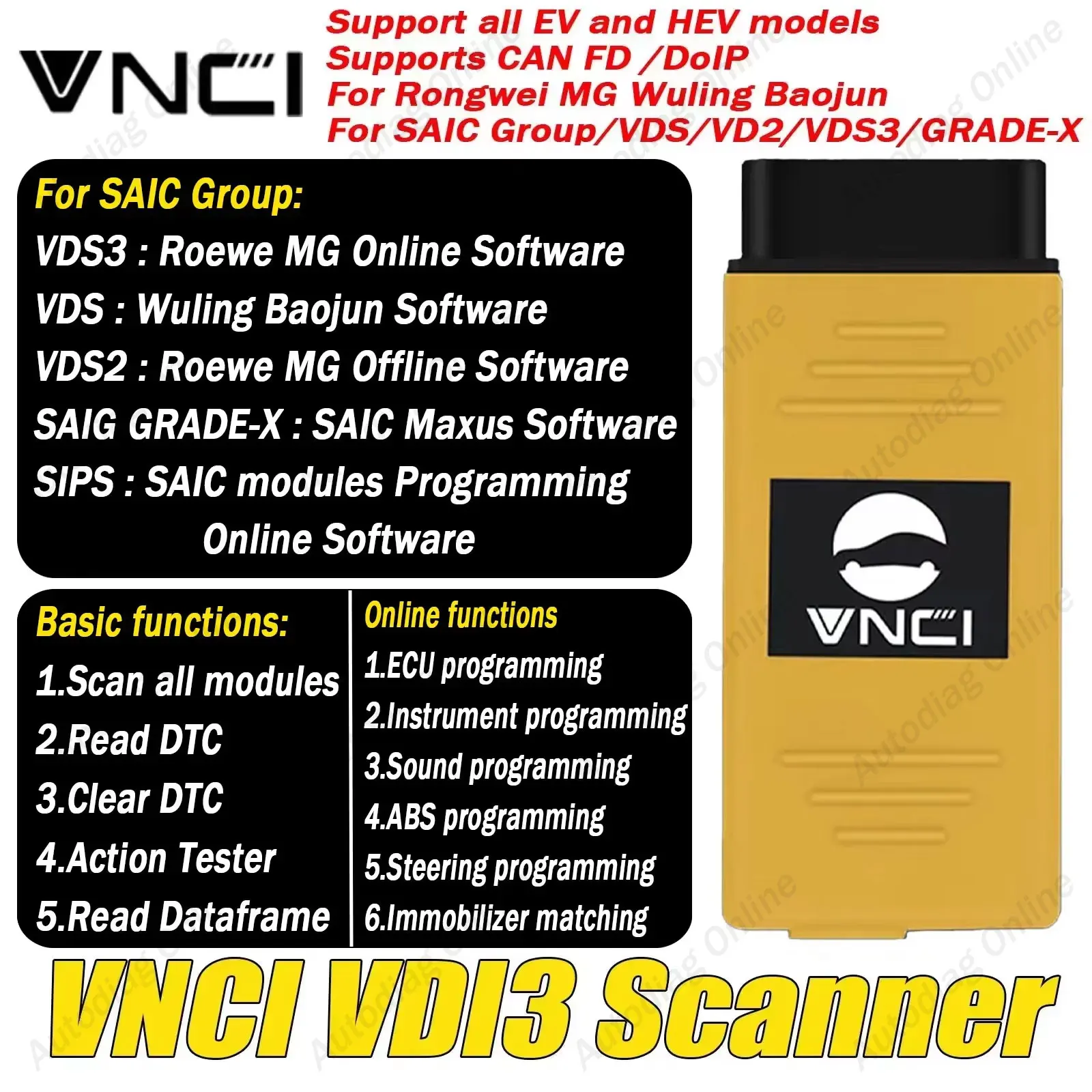 VNCI VDI3 Scanner For Rongwei MG Wuling Baojun Support DoIP CANFD OBDII Scanner Tool for SAIC Group/VDS/VD2/VDS3/GRADE-X VDI3