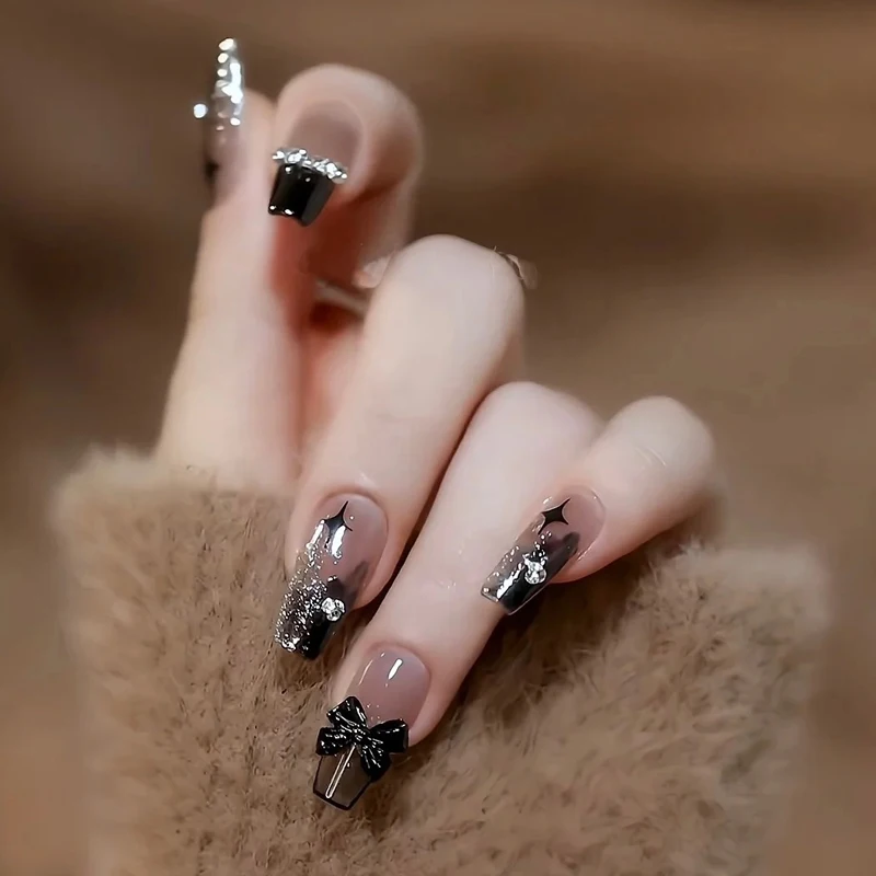 24pcs False Nail Wearable Black Bow Diamond Chain Flash Powder Ballet Fingernails Finished Removable and Reusable Nail Patch – חוות דעת מפורטת ומעודנת