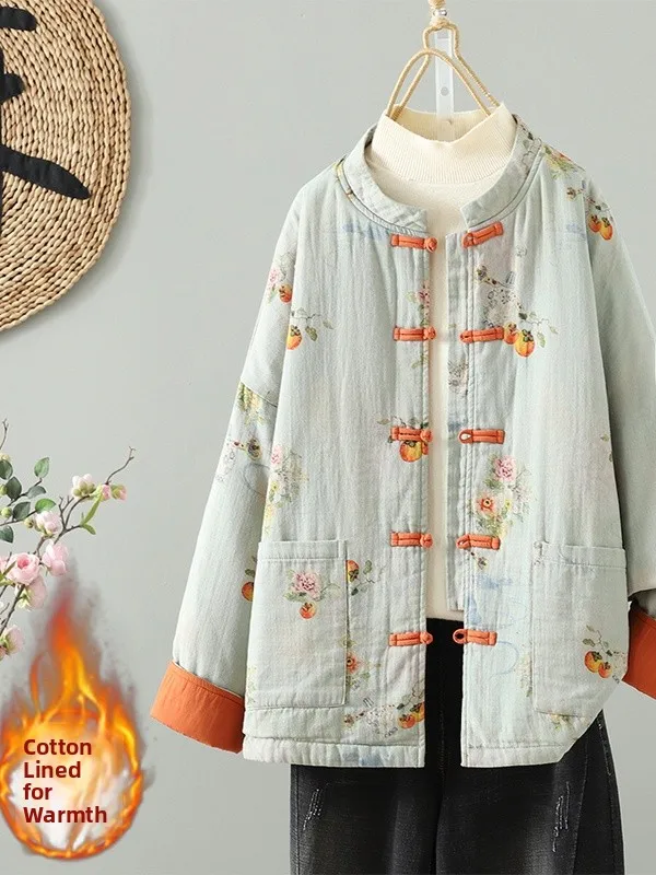

Retro Traditional Handmade Cotton Jaet with Button Print Cotton Linen Women's Winter Coat Regular Fit Long Sve Stand Collar