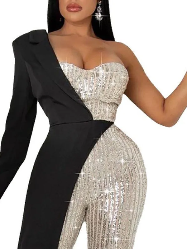 

Fashionable Silver Sequin Patchwork Single Shoulder Onesie for Women 2026 New Women's Clothing Bright Shiny Straight Leg Pants
