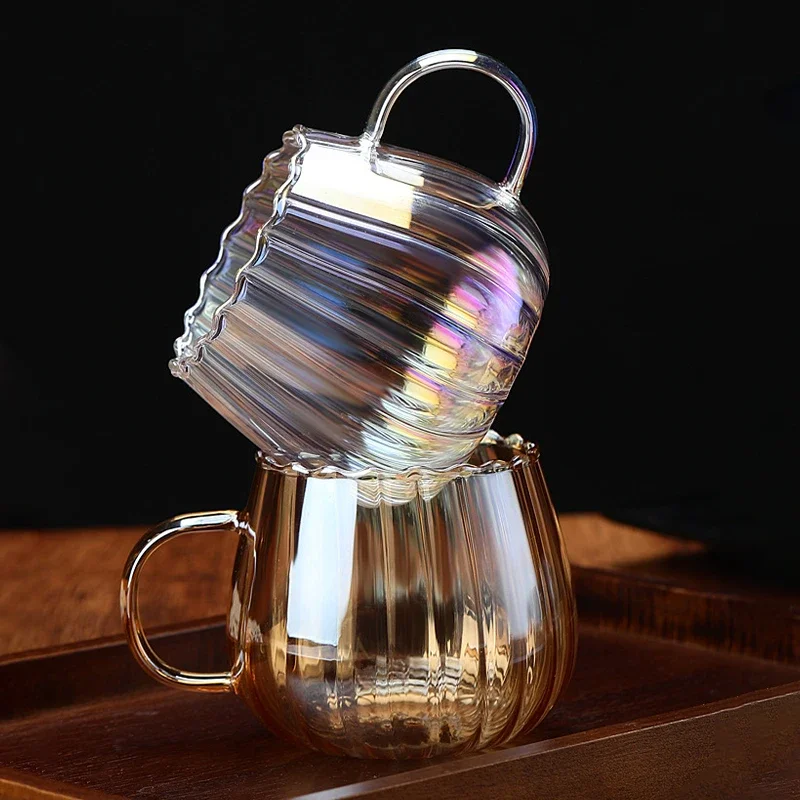 400ml Glass Cup Transparent Stripe Coffe Mug Heat Resistant Pumpkin Pattern Drinkware High Borosilicate Glass Breakfast Oat Jar