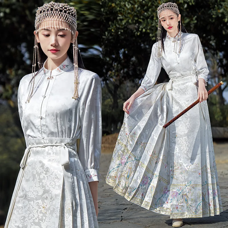 New Hanfu Horse Face Skirt Women 2024 Spring Summe Fashion Weaving Blue White Pleated Skirt Female Chinese Hanfu Skirts