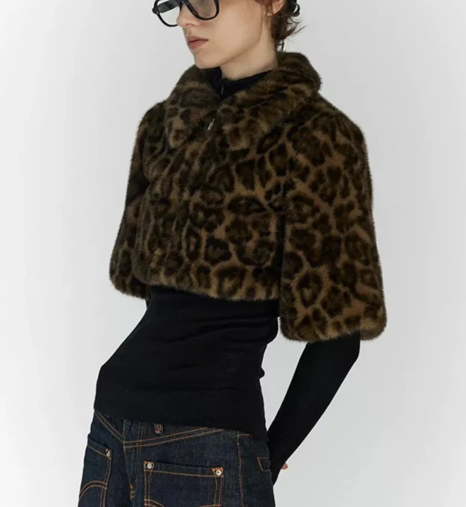 المألوف قصيرة سستة طوق ليوبارد طباعة سترة ألياف البوليستر الشارع نمط الخريف الشتاء جديد وصول المرأة معطف فوقي #4