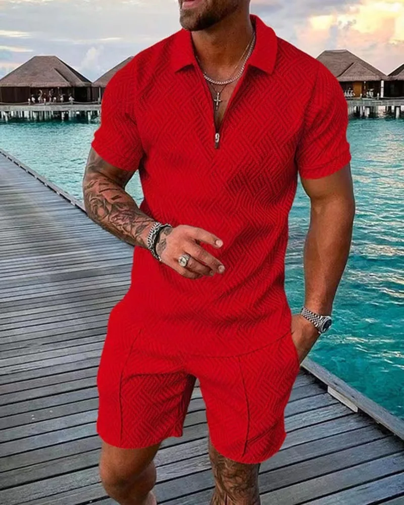 Novo estilo de moda masculina casual cor sólida listrado camisa polo conjunto lapela manga curta pulôver esportes tendência camiseta masculina