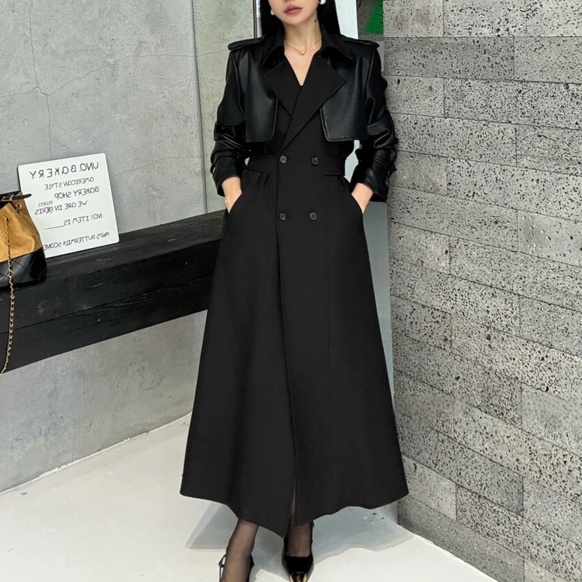 BJTZ 2025 秋冬 レディース PUレザー トレンチコート パッチワーク カラーブロック 高級 エレガント ベルト付き ダブルブレスト アウターウェア