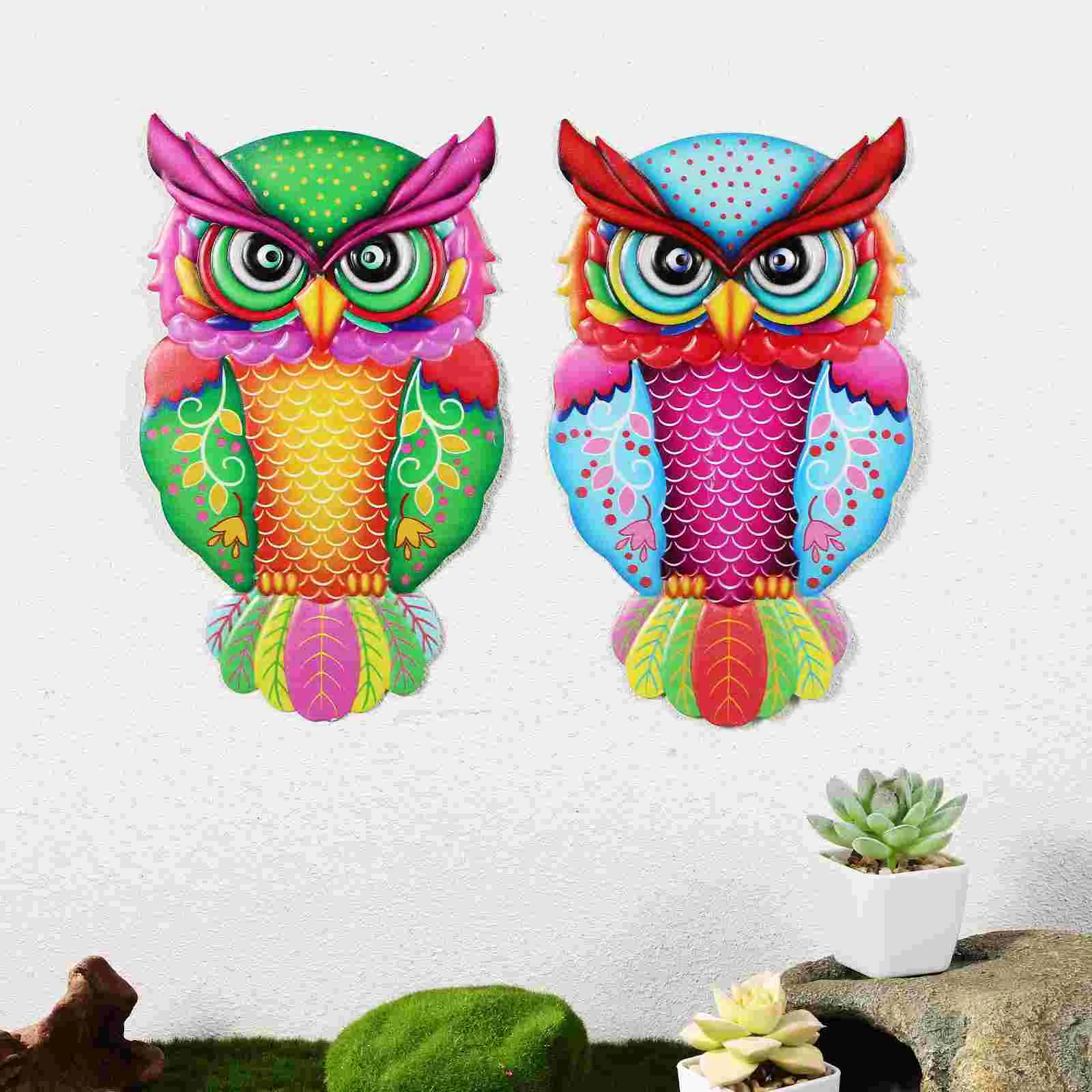 2 Pcs Owl Wall Decoration Fence Outdoor Metal Rural Iron Hanging Fake Backyard