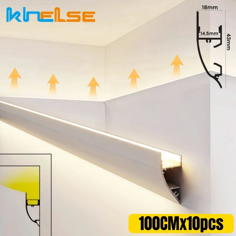 1Mx10pcs Ceiling Indirect Lighting LED Aluminum Profile Reflector Top Corner Channel Wall Floor Gypsum Baseboard Bar Strip Light
