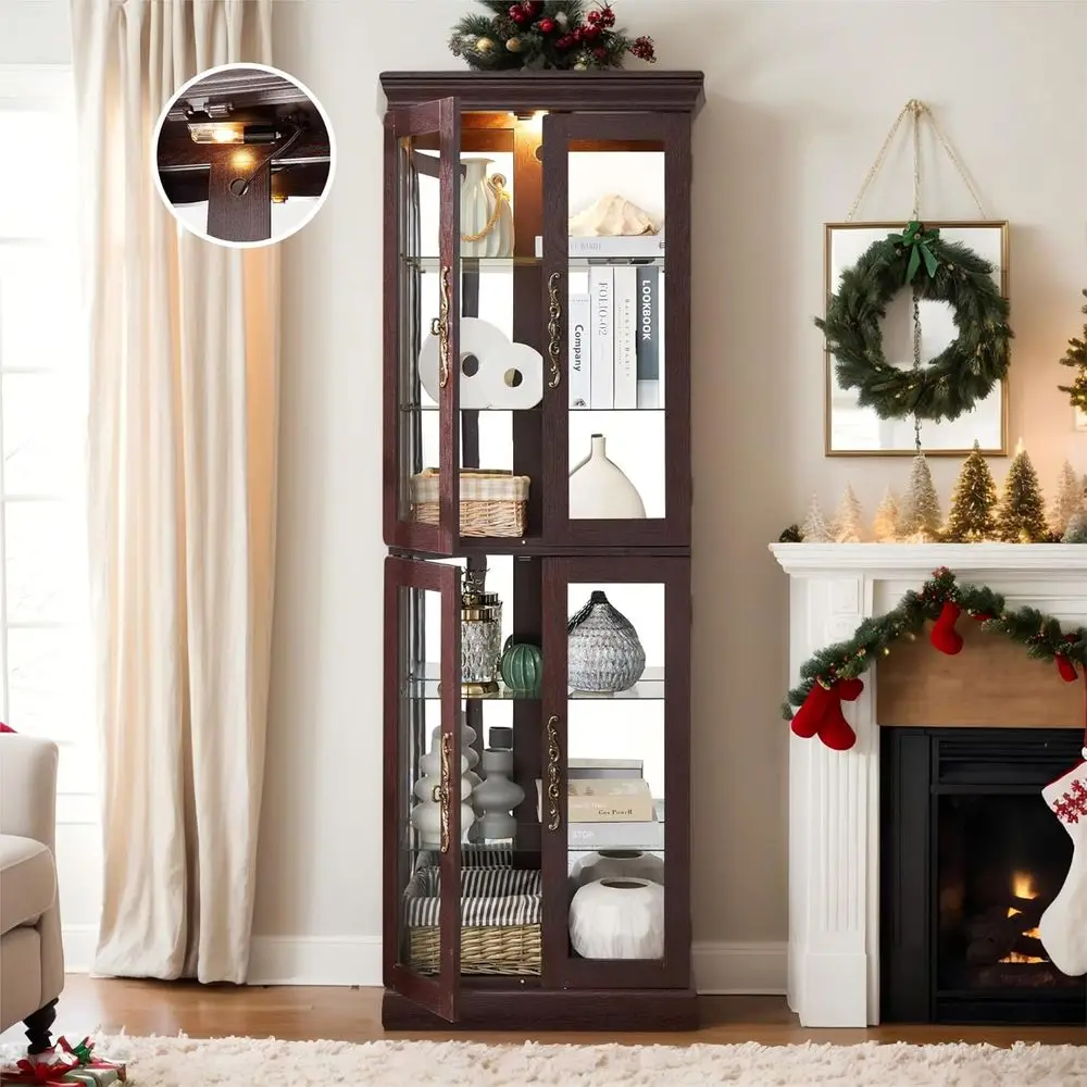 

Vintage 71 Glass Curio Cabinet with Adjustable Shelves, 4 Tempered Glass Doors, Bulb Included, Wooden Square Bar Liquor Storage