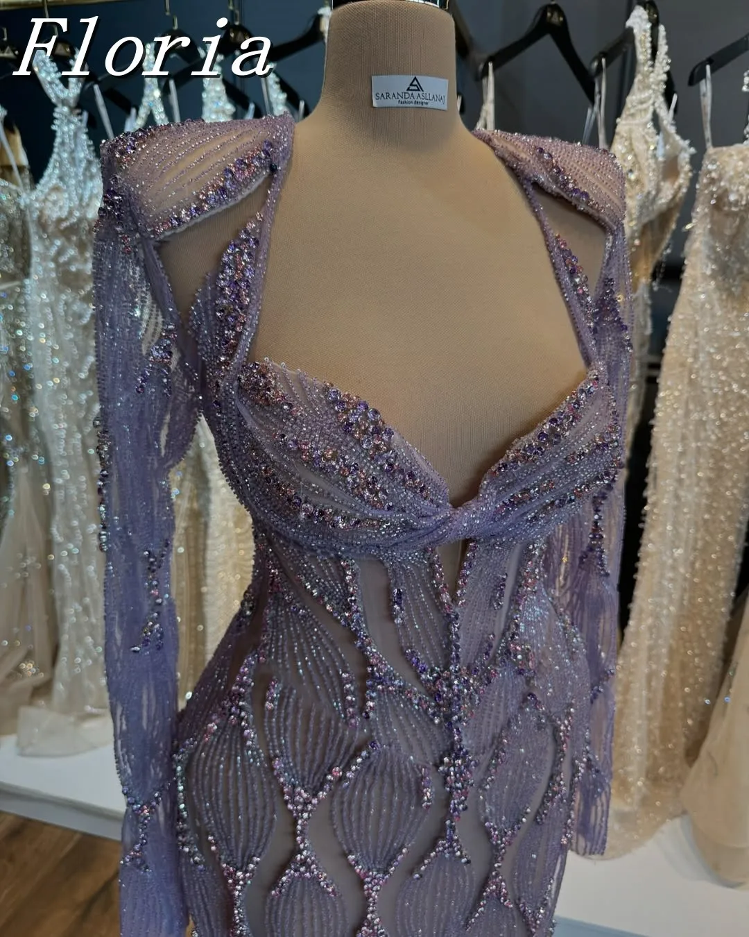 

Customized Charming Purple Anne Neck Mermaid Evening Dresses Long Sleeves Beading Crystal Formal Party Dresses vestidos de gala