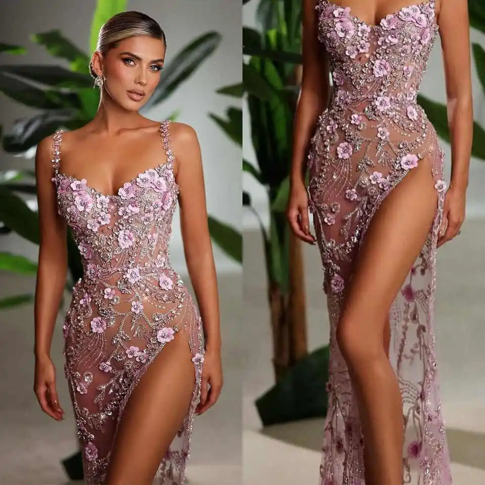 セクシーなプロムドレス スパンコール付きレースイブニングドレス フラワーパーティードレス サイドスリットブライダルガウン クリスタルローブ・デ・マリエ サイズカスタマイズ