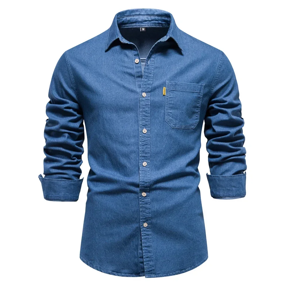 

Autumn Cotton Denim Shirt Men Long Sleeve Solid Color Casual Slim Fit Shirt Mens Designer Clothing Cowboy Shirts For Men New