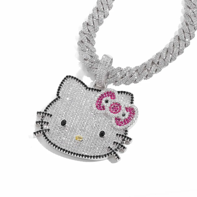 

Sanrio аниме периферийный мультяшный милый кулон hello kitty розовый циркон 3D персонализированное ожерелье в стиле хип-хоп подарок на день рождения для мальчиков и девочек