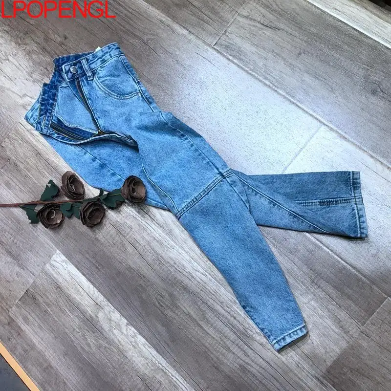 المرأة عالية الخصر شيك تسع نقاط الحريم الأزرق الجينز الهيب هوب الشارع عبر السراويل كامل طول الملابس صديقها غسلها السراويل