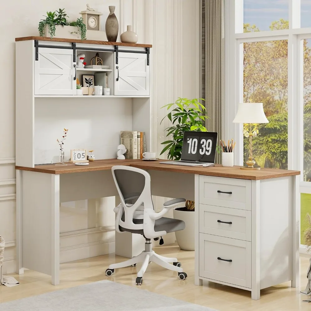 

68" H L Shaped Desk with Hutch,Office Table with 3 Drawers and Sliding Doors, Executive Desk