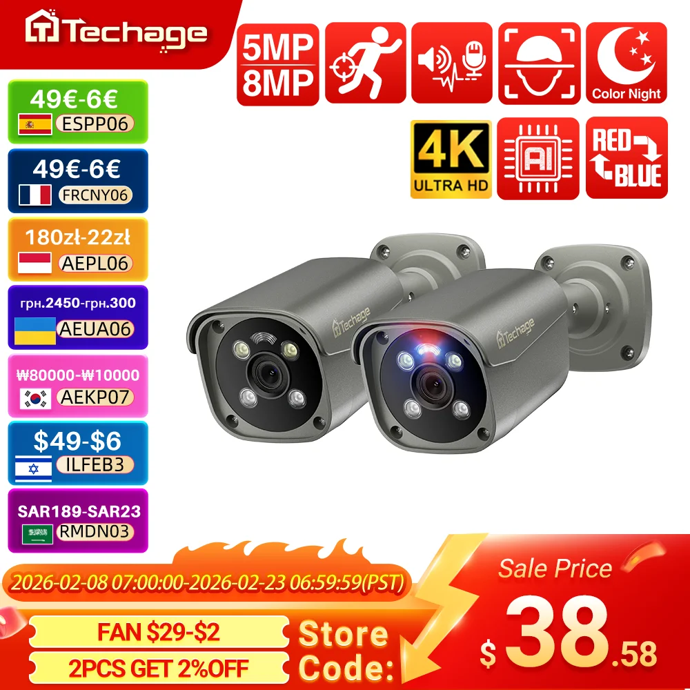 

Techage H.265 Ultra HD 4K POE Camera Outdoor 8MP IP Camera Face Detect Color Night Vision Two-way Audio for Surveillance System