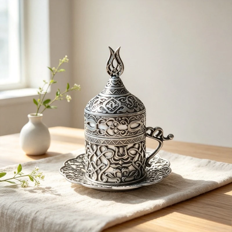 Turkish Vintage Silver Coffee Cup Handcrafted Euro Palace PourOver Gift Mug Set Retro Elegant Metal Super Antique Fine Bar Table