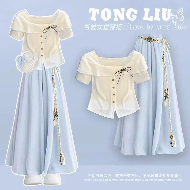 

2026 Summer New French Gentle Style Design Niche Slim Fit Short Sleeved T-shirt Skirt Pants Two-piece Set