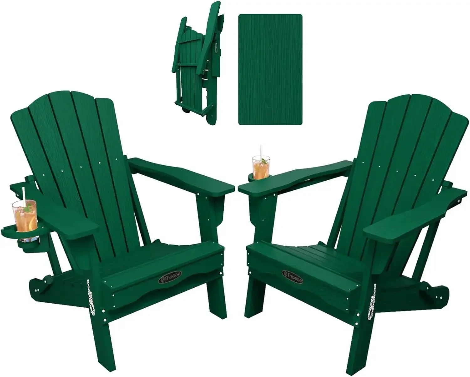 Folding Adirondack Chair Set of 2, HDPE All-Weather Outdoor Chair with Cup Holder, Wooden Textured, Fire Pit Chair, Plastic Pati