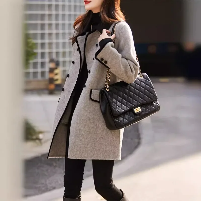 Women's woolen overcoat 2025 Autumn Winter new grey Coat Spliced pockets fashion lapels double-breasted commute Women Clothing