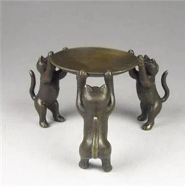 

Copper Satue Chinese Bronze Plate Cats Animal 3 Cat oil lamp Candle Holder Candlestick statue