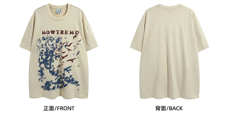 Summer American Retro Graffiti Print Men's Round Neck Short Sleeve Black T-Shirt Loose Casual Couple Versatile Apricot T-Shirt