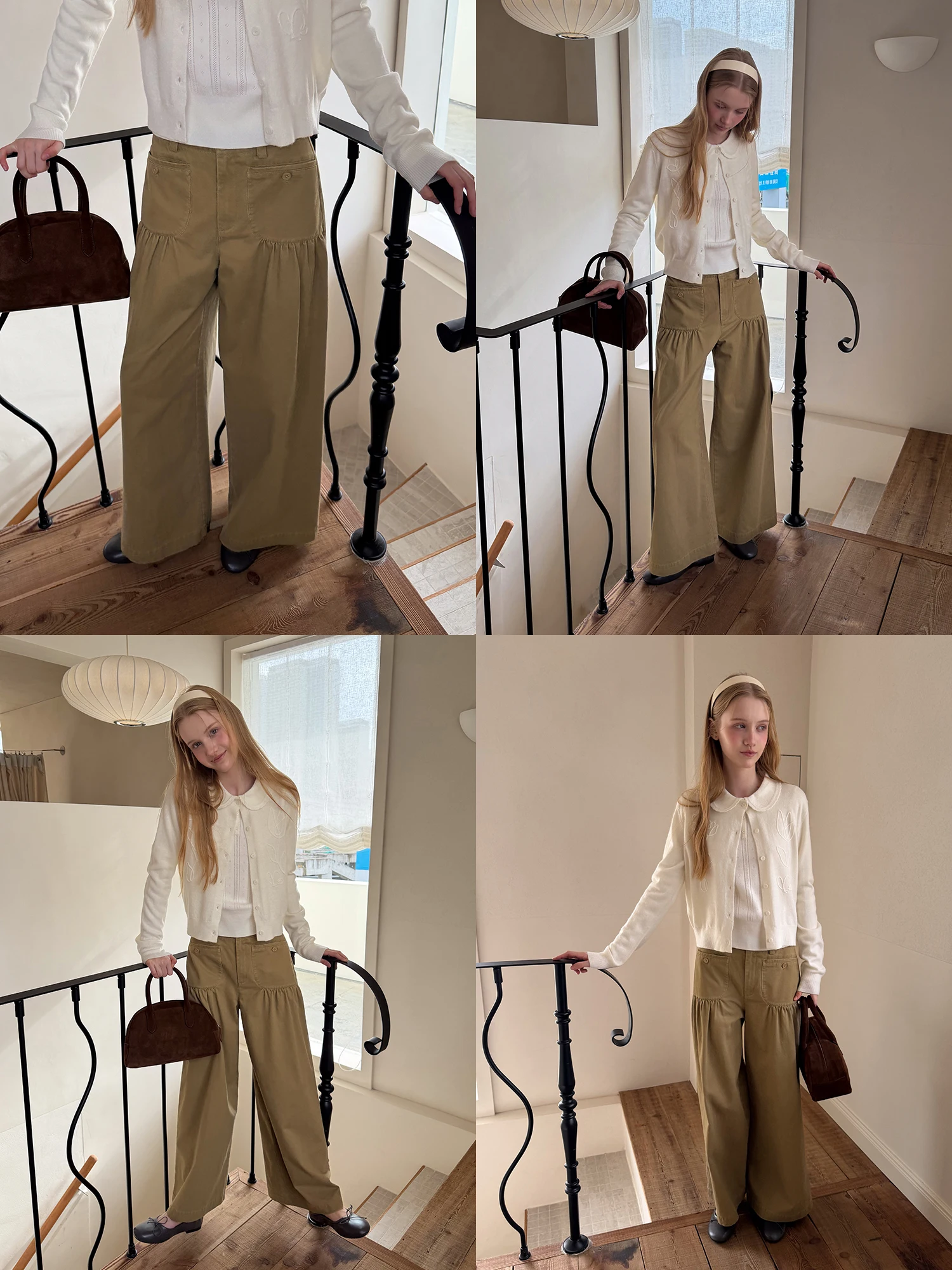 Retro Pleated Back Pocket Design Wide Leg Casual Pants Women's High Waist Loose Commute Straight Leg Pants Cotton Fabric