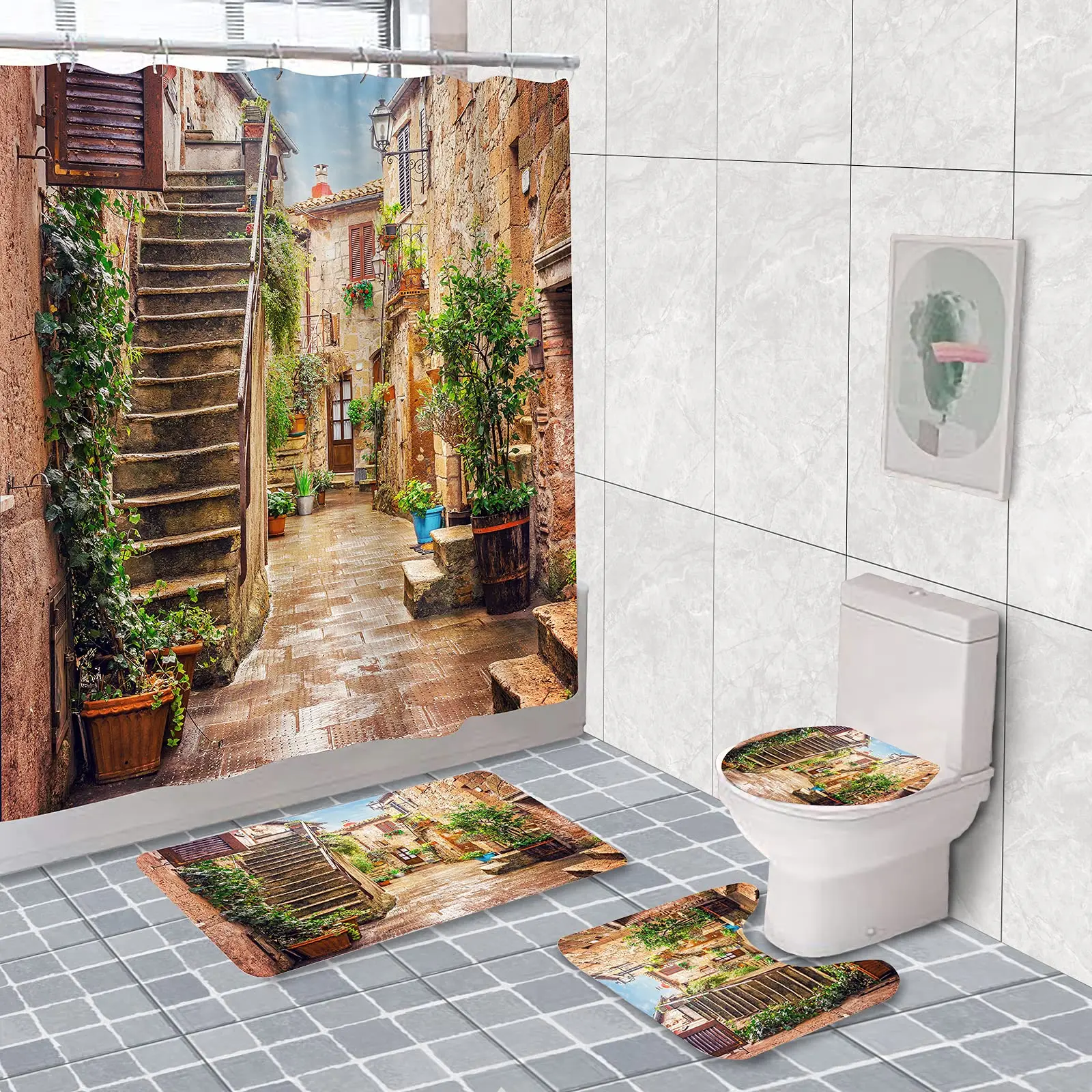 

Italian Street Scenery Shower Curtain Set Bathroom Set with Bath Mat Rugs Toilet Lid Cover Mediterranean Bathroom Shower Curtain