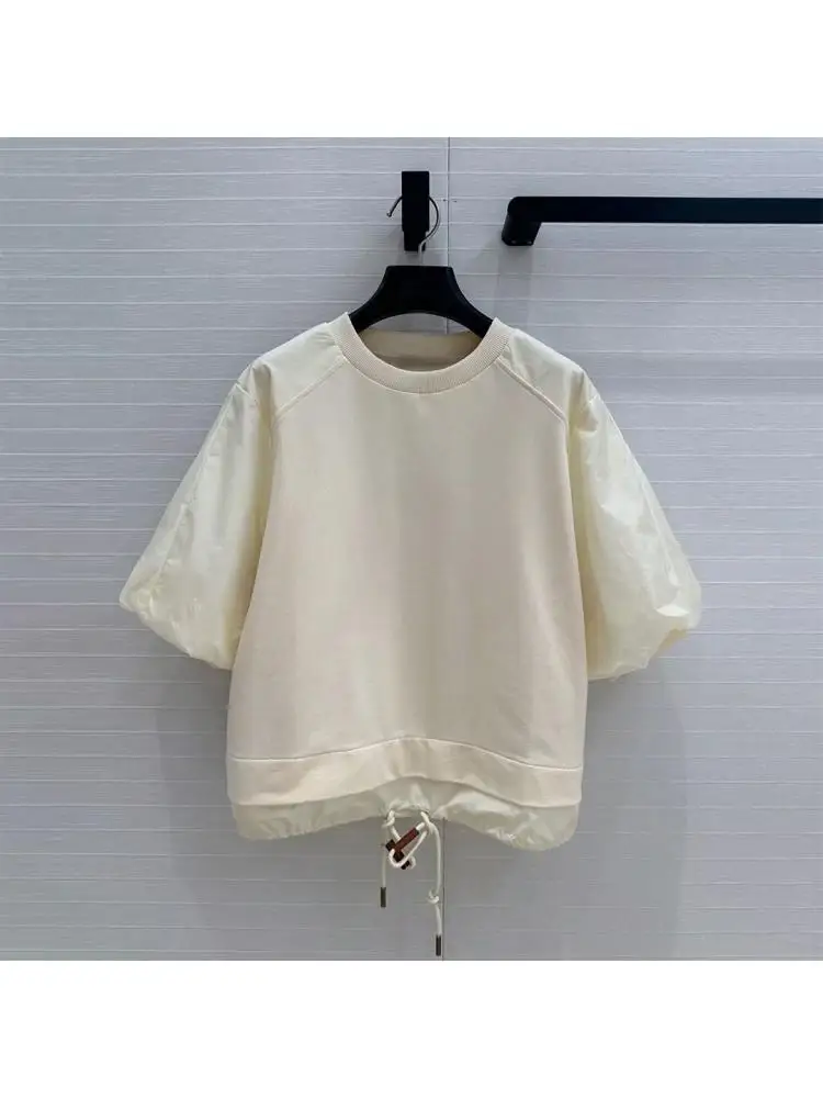 

2025 New Fashion Summer Women O-neck Puff Sleeve Drawstring Tie Loose Cotton T-shirt Solid Color Sweet Casual Tops