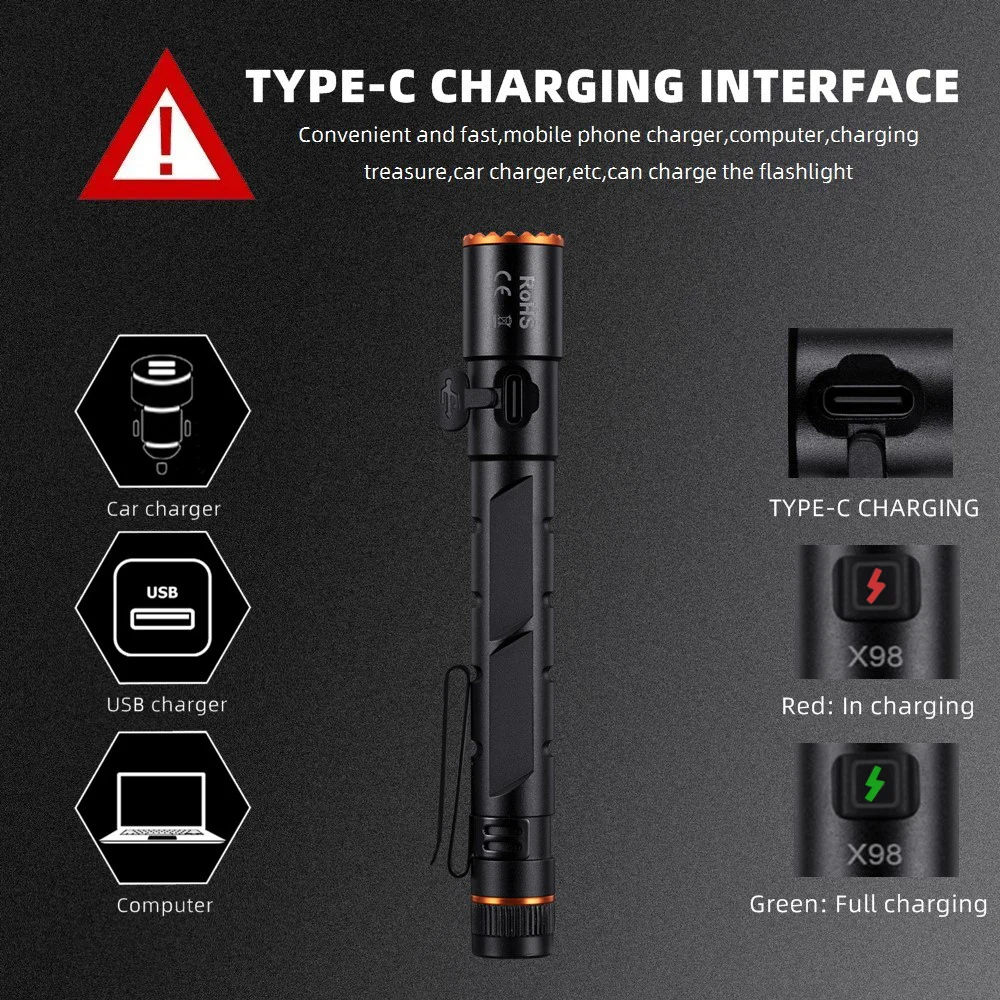 Zoom Mini EDC High Bright LED Pen light Flashlight USB Rechargeable Magnet Torch Outdoor Hiking Travel Work Repair lighting lamp