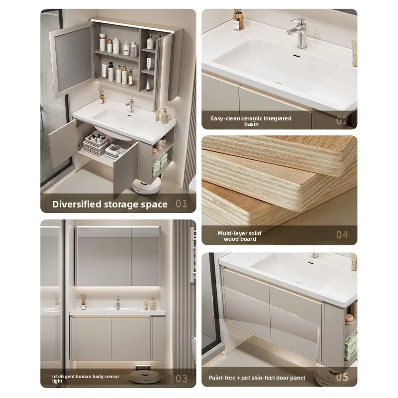 creamy sun balcony texture bathroom cabinet, multi-layer drawers for home use, thickened countertop control drain washbasin