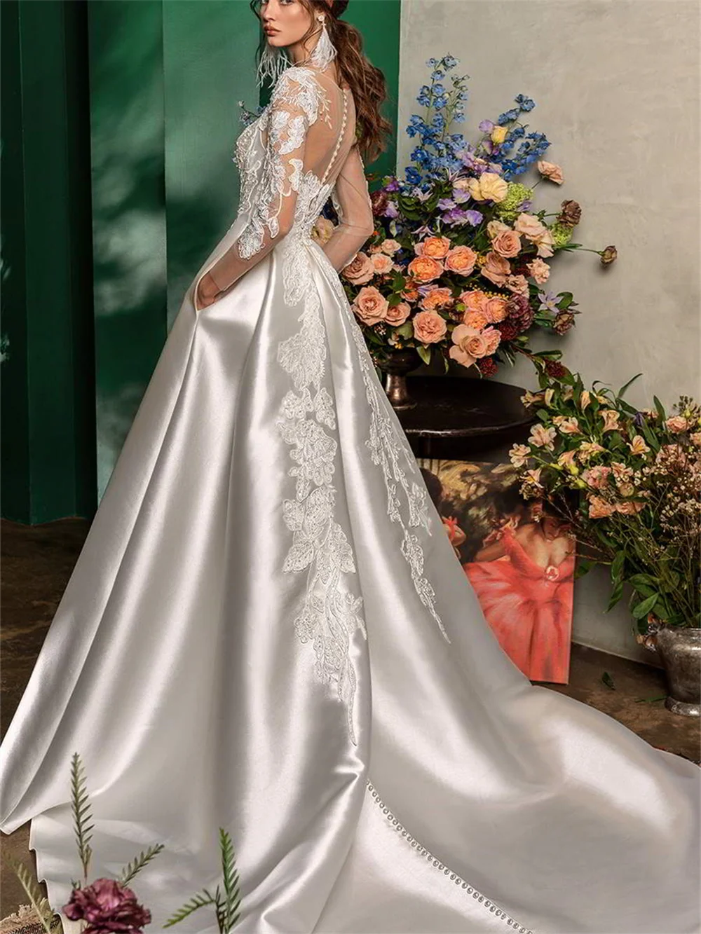 Elegante vestido De Novia De encaje, traje clásico De satén, manga larga, sencillo, largo hasta el suelo, personalizado, 2025