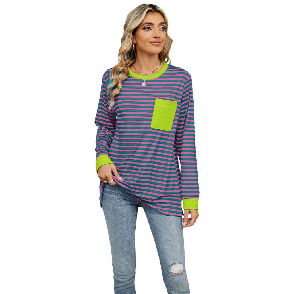 

Women's Long Sleeve T-shirt Crew Neck Contrast Color Pocket Split Loose Top Autumn Winter Fashion by